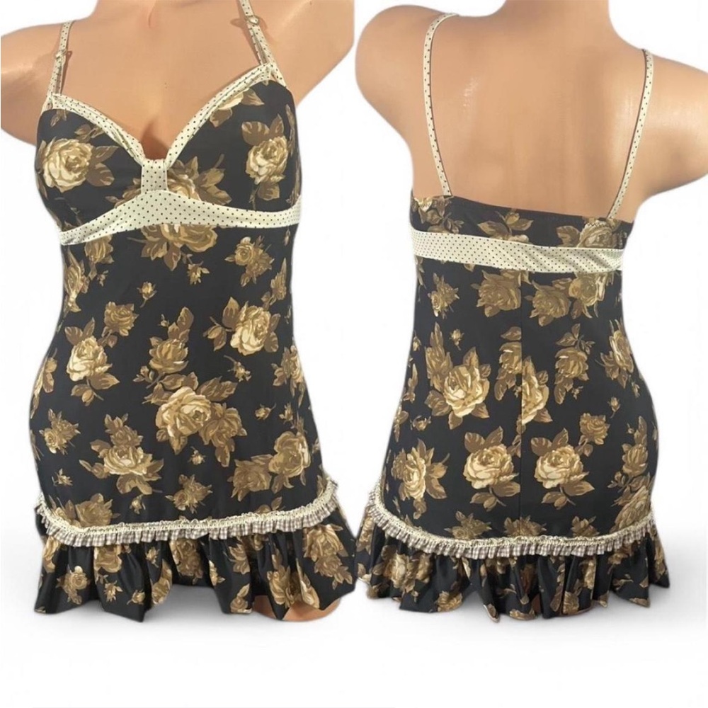 Betsey Johnson Black and Gold Floral Chemise Swim Coverup Slip Retro Vtg M